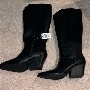 NWT Black leather pointy toe high knee cowboy boots (7, 8.5)